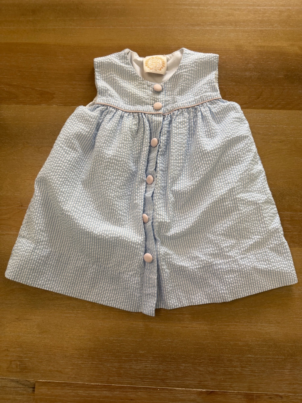 The Beaufort Bonnet Company Light Blue and Pink Striped Girls Dress